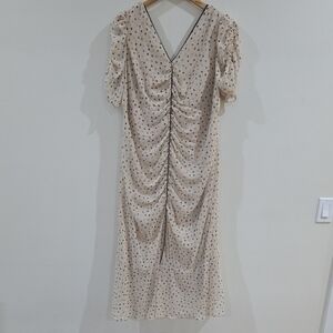 DKNY Women's Blue Polka-Dot Puff-Sleeve Midi Dress Size 14 Brown And Beige